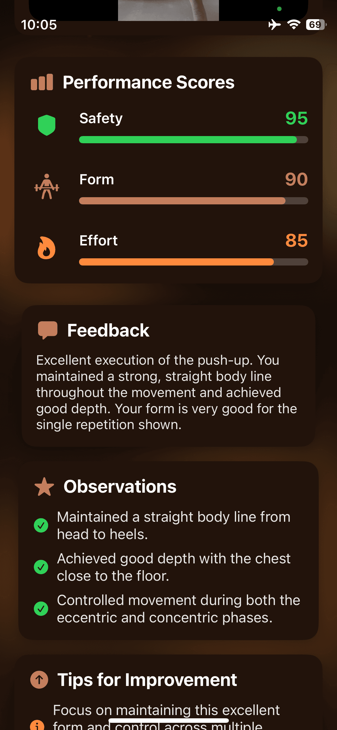 Gym Beast feedback and strengths screen